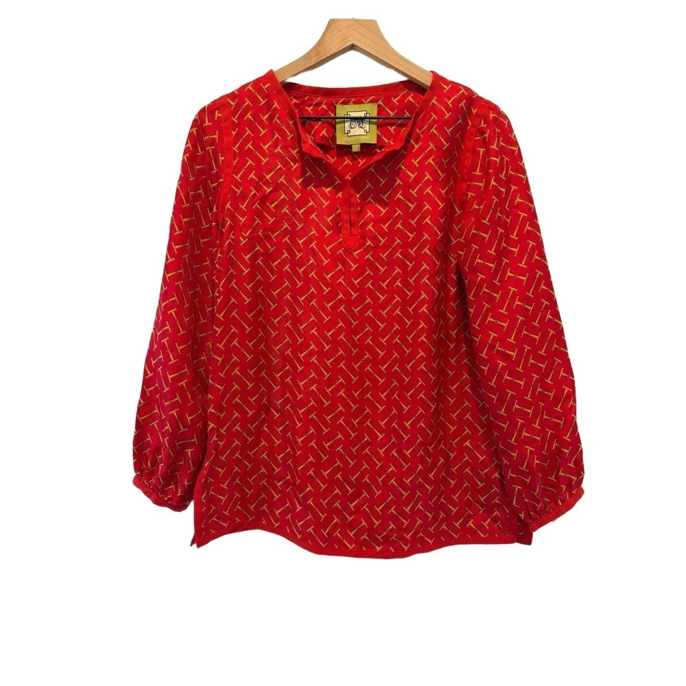Elizabeth McKay Blouse Size 4 Red Gold Equestrian Horse Bit Print 100% silk EUC